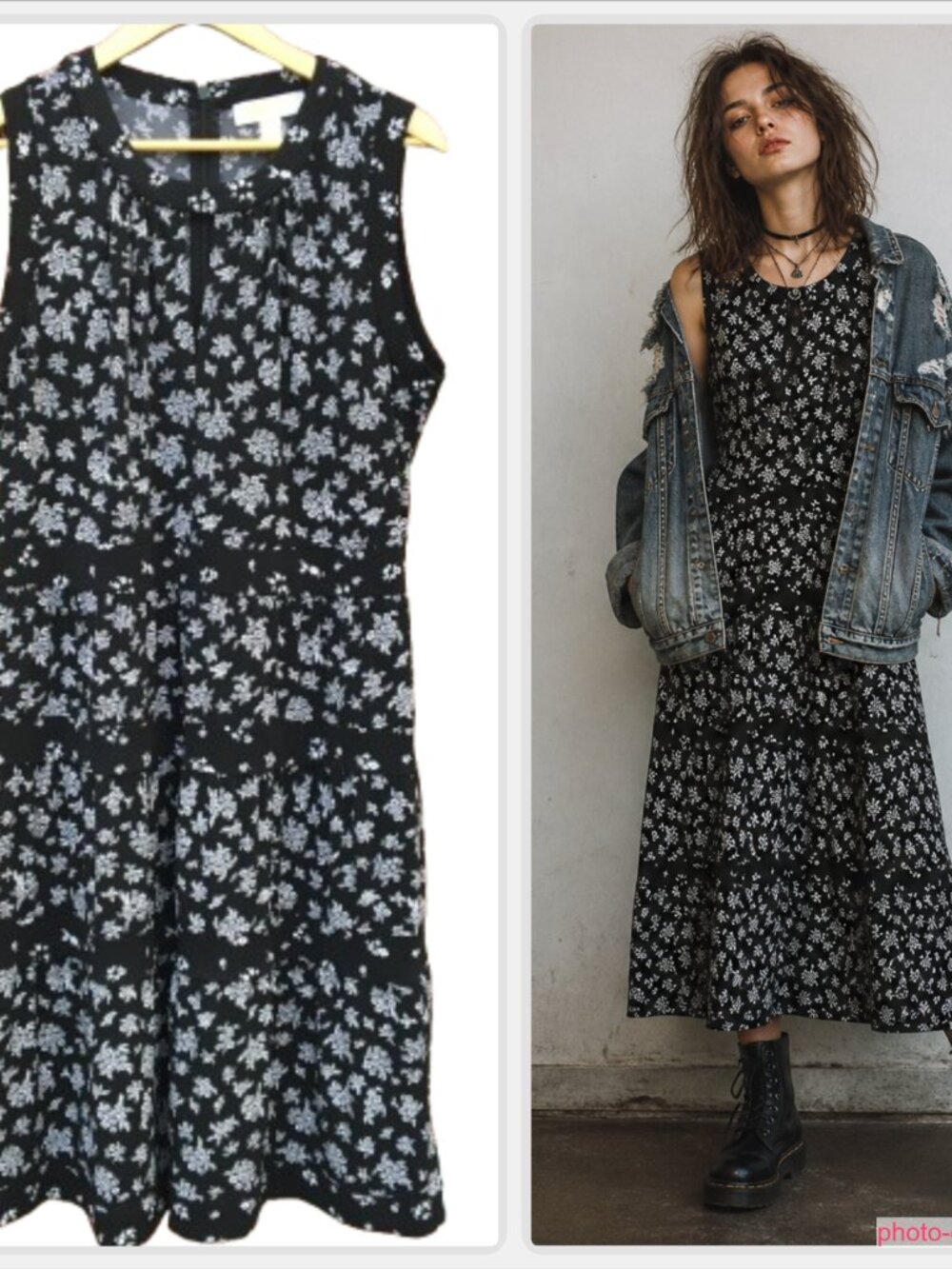 Michael Kors Sleeveless Tiered Dress XL Black White Floral Casual Chic Grunge